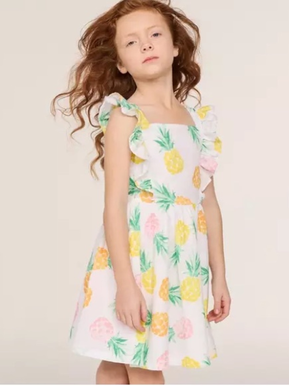 Janie and Jack Girls' White Pineapple Print Ruffle Strap Dress